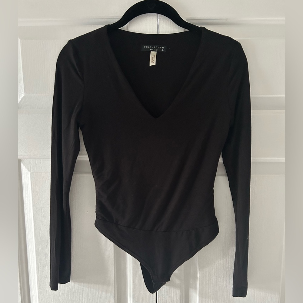 Final Touch Black V Neck Bodysuit Small